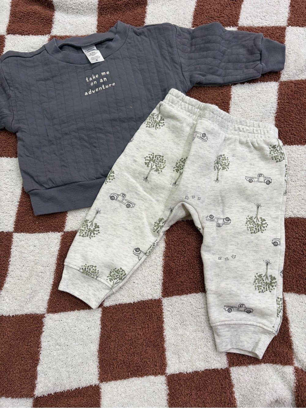 Carter's Charcoal Quilted Sweatshirt & Cream Tree-Print Joggers Set
